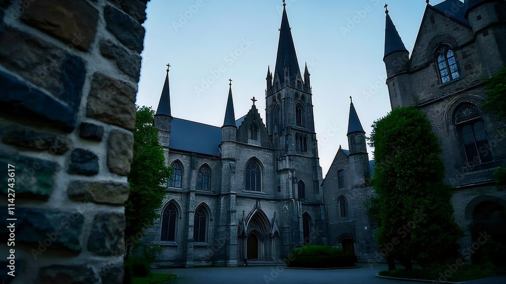 Gothic church architecture, stone facade, tall spires, courtyard view. Gothic church architecture, stone facade, tall spires, courtyard view.