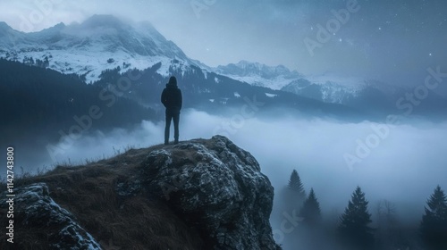 A lone hiker climbs a rocky mountain peak, reaching for success against the backdrop of a breathtaking sky, symbolizing the adventurous spirit of nature and the challenges of business