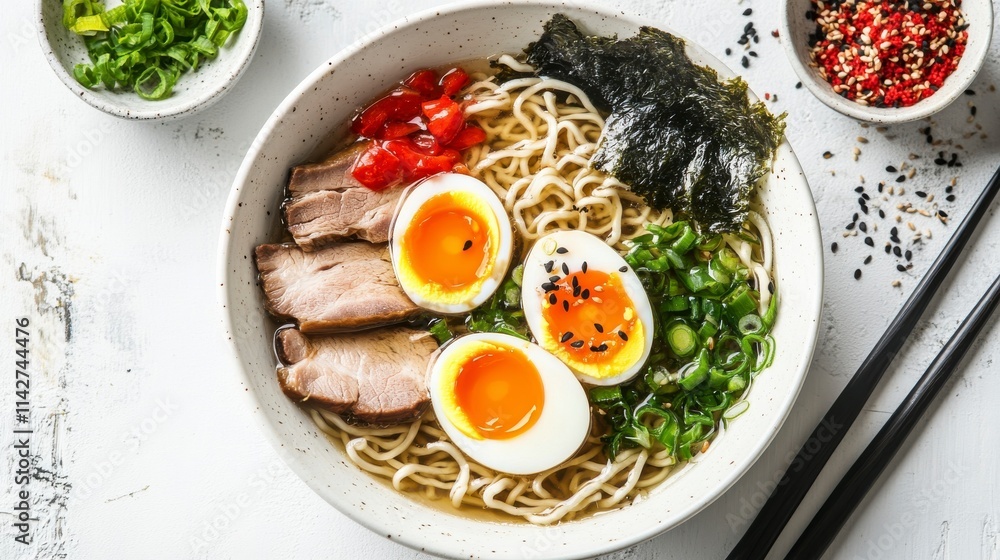 Vibrant Bowl of Noodles with Egg and Pork Slices Vibrant Bowl of Noodles with Egg and Pork Slices