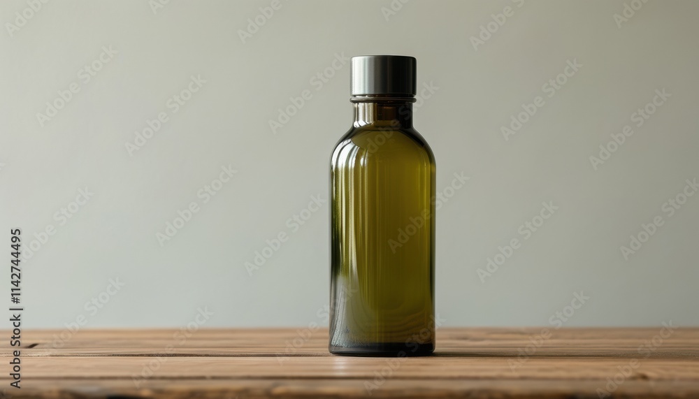 mockup Glossy glass bottle on wooden surface with copy space for design mockup Glossy glass bottle on wooden surface with copy space for design