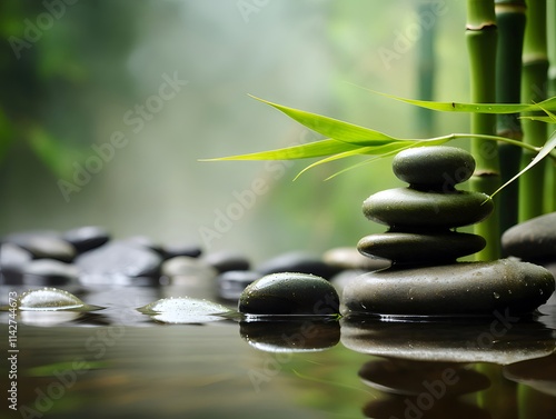 Stacked zen stones by tranquil water with bamboo. photo