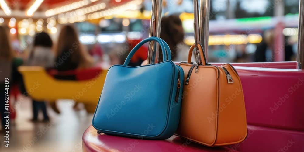 Two stylish handbags sit on a merry-go-round in a fair, displaying fashion in an exciting setting. Two stylish handbags sit on a merry-go-round in a fair, displaying fashion in an exciting setting.