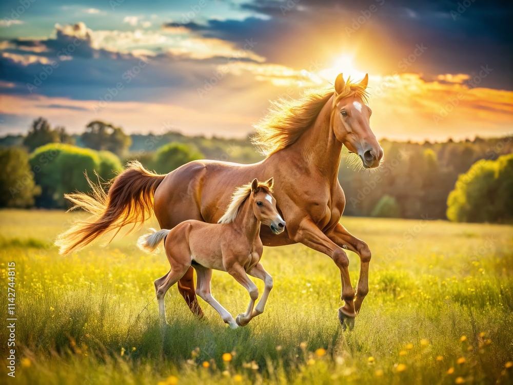 Obraz premium Mare and Foal Freedom: Stunning Wild Horse Photography - Rule of Thirds Composition