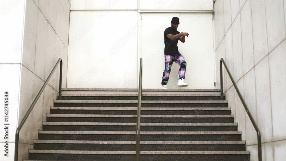 Talented dancer showcasing breakdancing skills on city steps Talented dancer showcasing breakdancing skills on city steps
