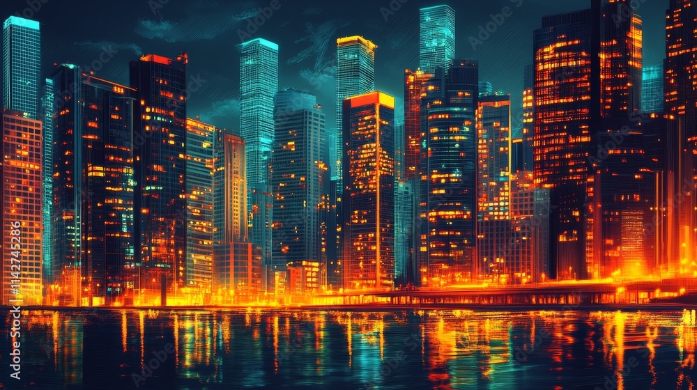 A vibrant city, background skyline at night, illuminated by colorful lights reflecting on water. A vibrant city, background skyline at night, illuminated by colorful lights reflecting on water.