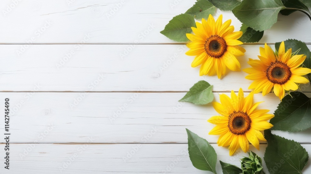 Obraz premium A vibrant bouquet of sunflowers, bursting with yellow petals, radiates summer warmth against a rustic wooden backdrop