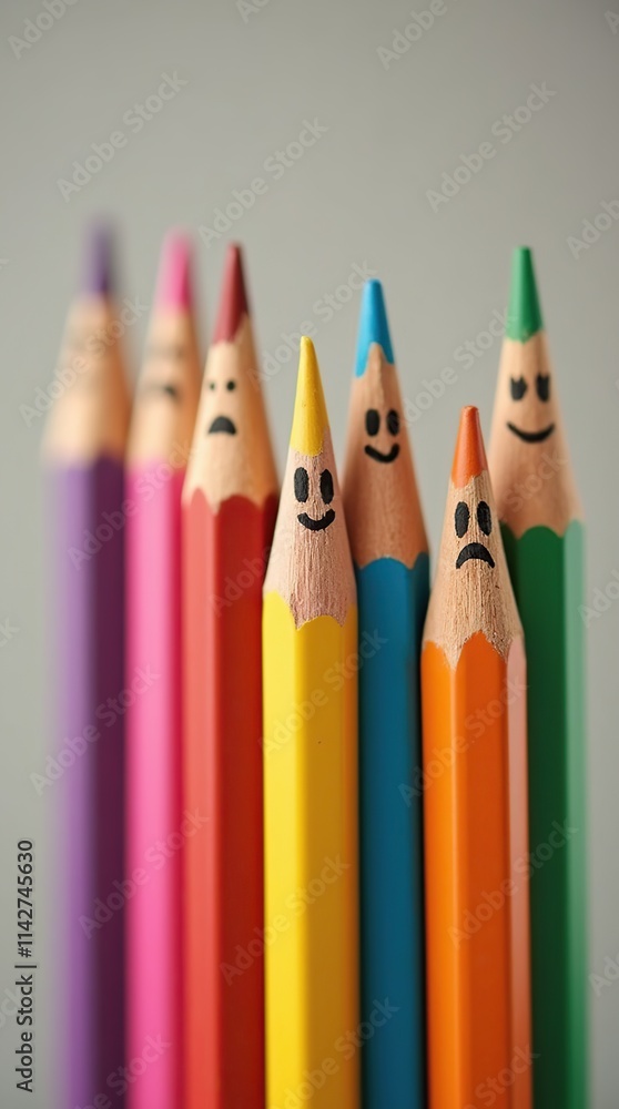 Fototapeta premium Colorful Pencils with Funny Expressions Representing Emotional Diversity