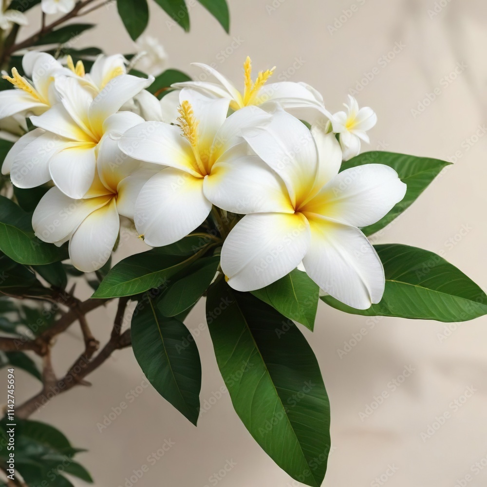 Elegant white plumeria blossom with green leaves, tropical garden, isolated petal Elegant white plumeria blossom with green leaves, tropical garden, isolated petal