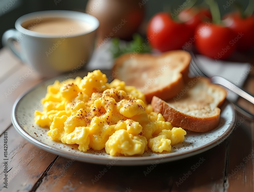Light breakfast, scrambled eggs, gently fried, a cup of cappuccino Light breakfast, scrambled eggs, gently fried, a cup of cappuccino