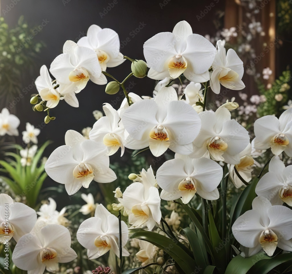Exquisite white orchids set against a backdrop of assorted blooming flowers, arrangement, backdrop, blooming Exquisite white orchids set against a backdrop of assorted blooming flowers, arrangement, backdrop, blooming