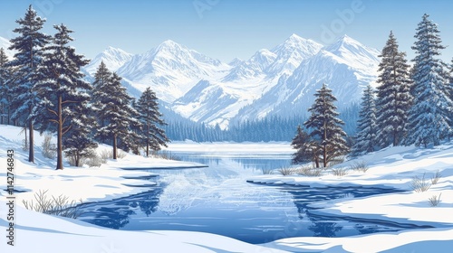 Serene winter landscape with snow-covered mountain, nature, background and a tranquil river.