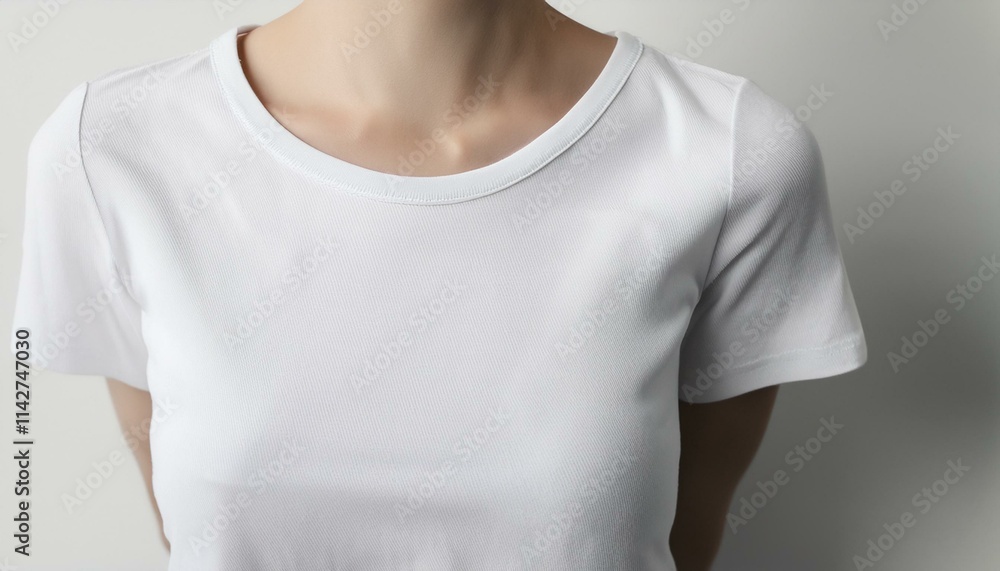 A white T-shirt smoothly spreads out from the neck down A white T-shirt smoothly spreads out from the neck down