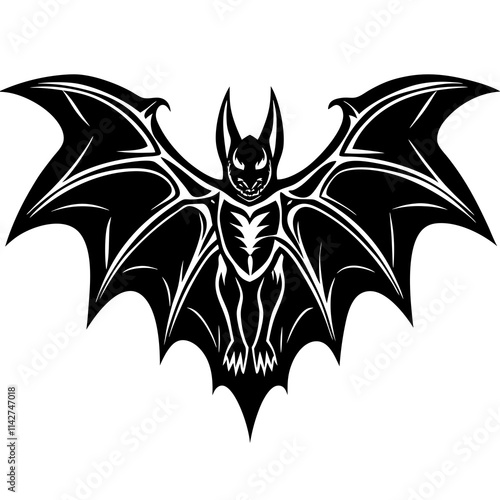 Stylized Bat Silhouette with Spread Wings - Black and White Vector Art