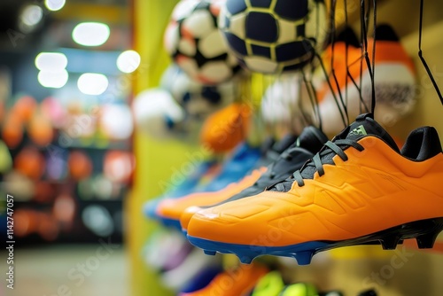 Colorful soccer cleats and balls displayed in a sports shop for athletic enthusiasts photo