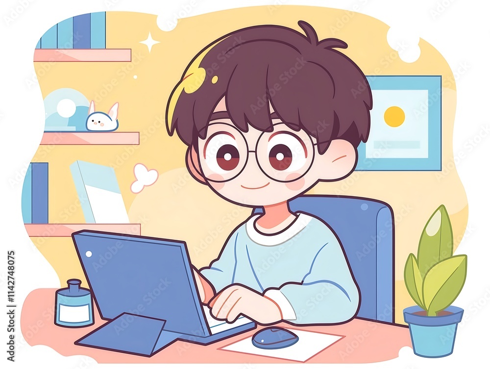 Happy boy working on tablet at home office. Happy boy working on tablet at home office.