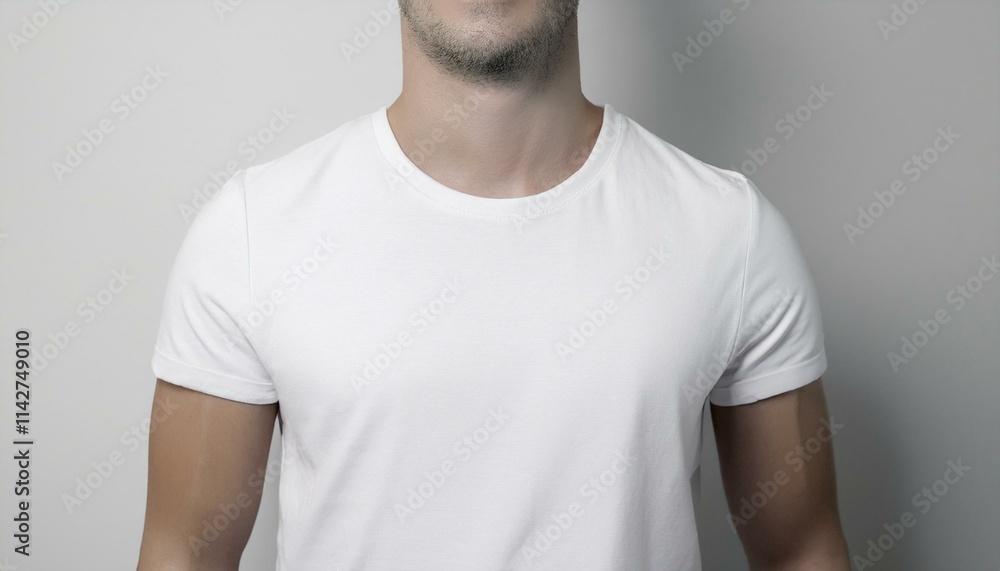A white T-shirt smoothly spreads out from the neck down A white T-shirt smoothly spreads out from the neck down