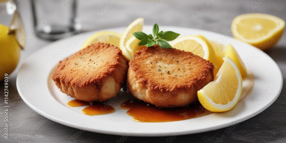 Golden fried veal cutlet served on white plate with lemon wedge, gourmet dining, tasty dinner Golden fried veal cutlet served on white plate with lemon wedge, gourmet dining, tasty dinner