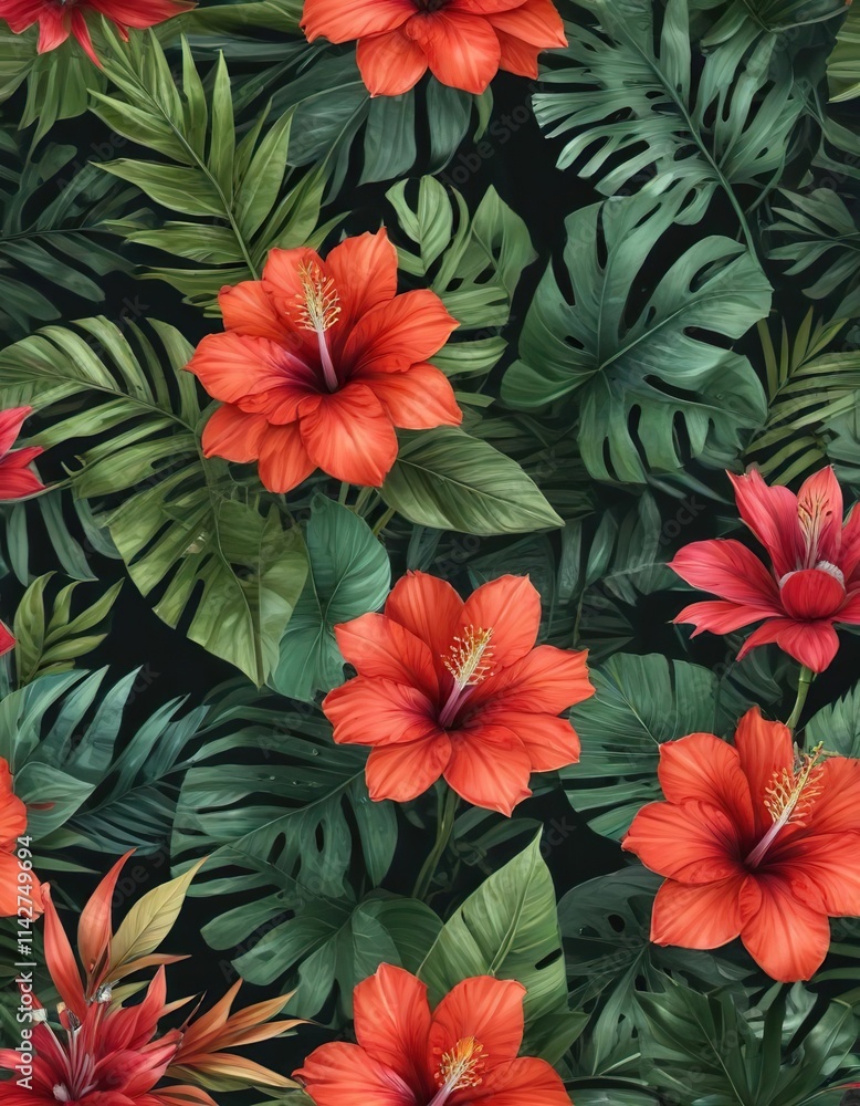 Hand-drawn seamless design with exotic portea flowers and tropical leaves, nature, vibrant Hand-drawn seamless design with exotic portea flowers and tropical leaves, nature, vibrant