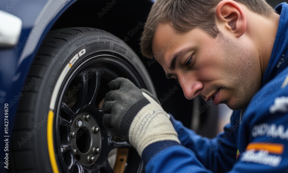 Focused mechanic working on car tire Focused mechanic working on car tire