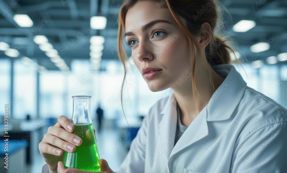 Lab-coated woman examining green solution Lab-coated woman examining green solution