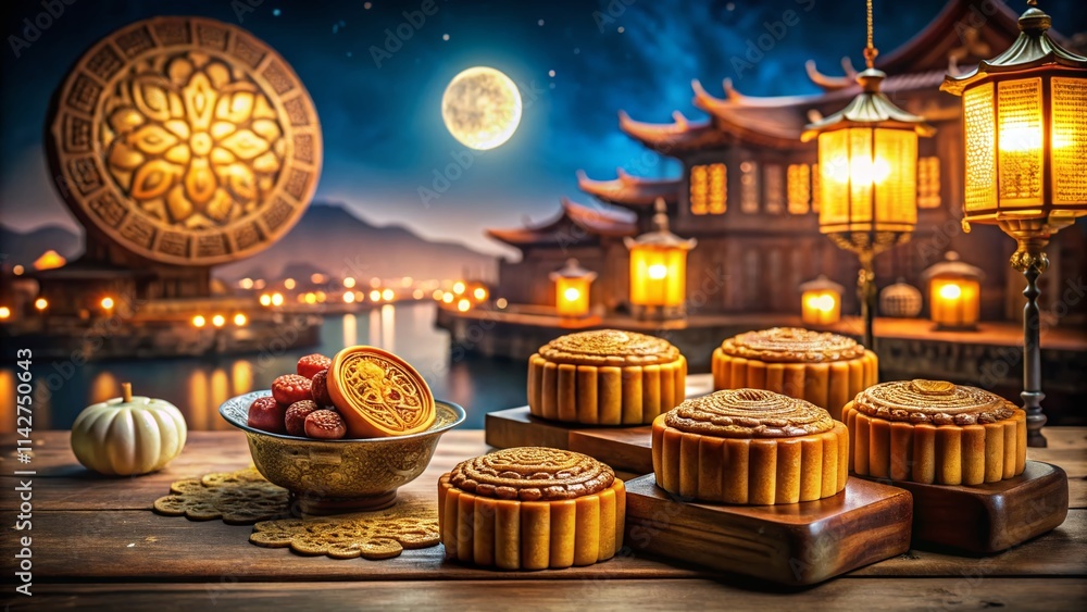 Obraz premium Mid-Autumn Festival Mooncakes, Architectural Photography, Lantern Light, Chinese Festival, Delicious Treats