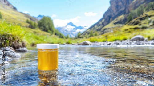 A small, portable water purifier in use at a mountain stream, an essential travel hack for backpacking in remote areas photo