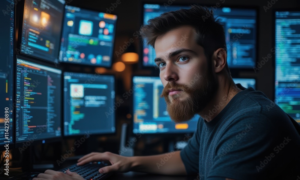Focused young man engaged in coding Focused young man engaged in coding