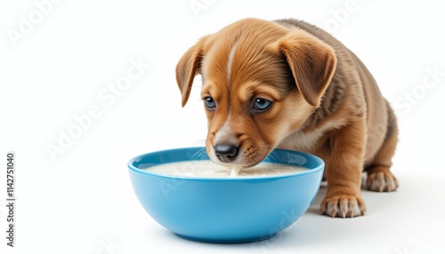 Cute Puppy Enjoying Milk from a Bowl Generative AI photo