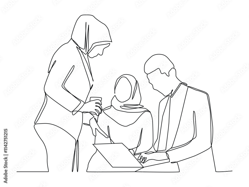 Single continuous line drawing of young muslim manager gives short job brief to team members at team meeting, Continuous line draw design vector illustration. Single continuous line drawing of young muslim manager gives short job brief to team members at team meeting, Continuous line draw design vector illustration.