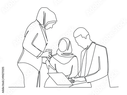 Single continuous line drawing of young muslim manager gives short job brief to team members at team meeting, Continuous line draw design vector illustration.