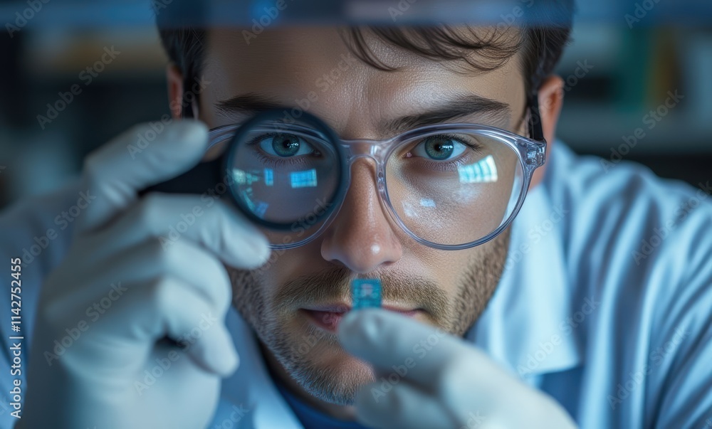 Focused male researcher examining a microchip Focused male researcher examining a microchip