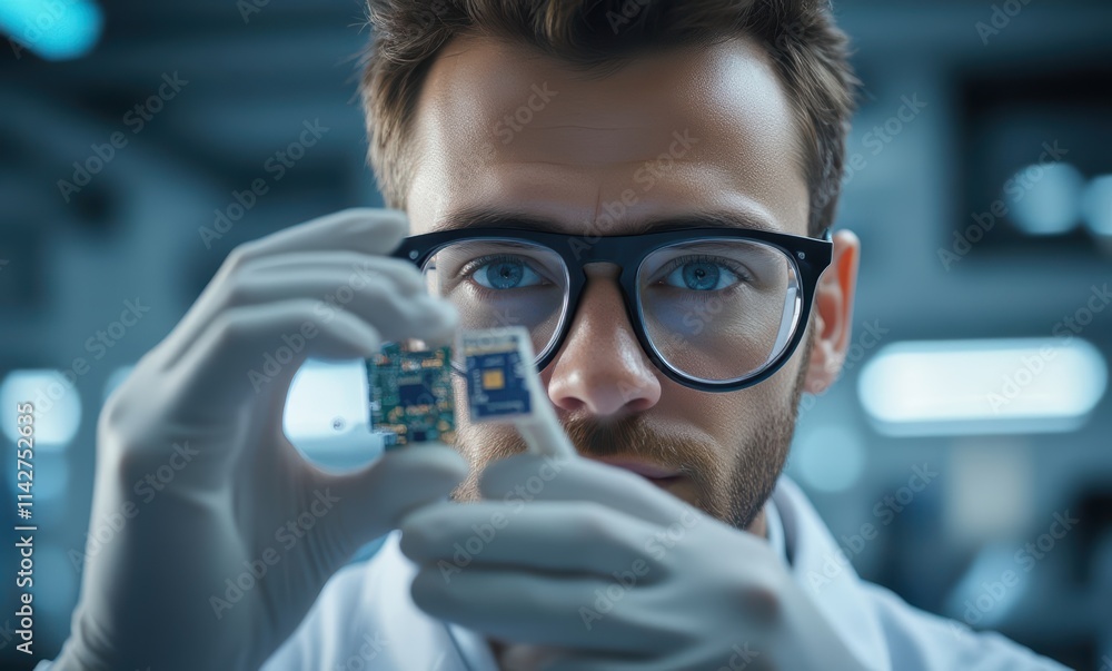 Focused male scientist examining circuit board Focused male scientist examining circuit board
