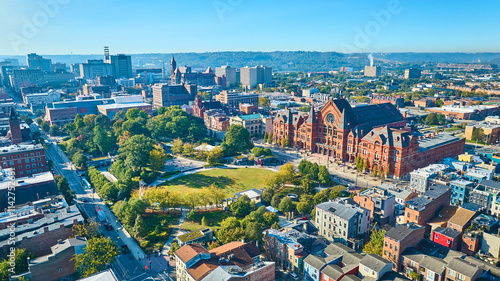 Aerial of Cincinnati Music Hall and Washington Park in Sunlit Downtown
