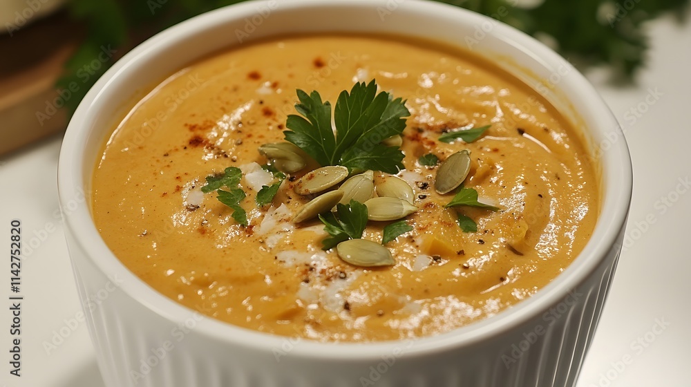 Creamy Pumpkin Soup in a White Bowl Garnished with Fresh Herbs and Pumpkin Seeds, Perfect for Autumn Season and Cozy Meals at Home Creamy Pumpkin Soup in a White Bowl Garnished with Fresh Herbs and Pumpkin Seeds, Perfect for Autumn Season and Cozy Meals at Home
