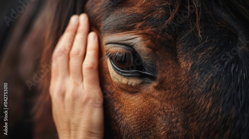 Close-up portrait of a female hand gently stroking the head of a brown horse, showing a moment of connection and care