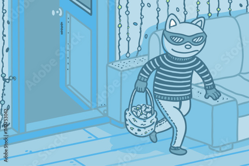 Sneaky Cartoon Cat Burglar Stealing Jewels at Night