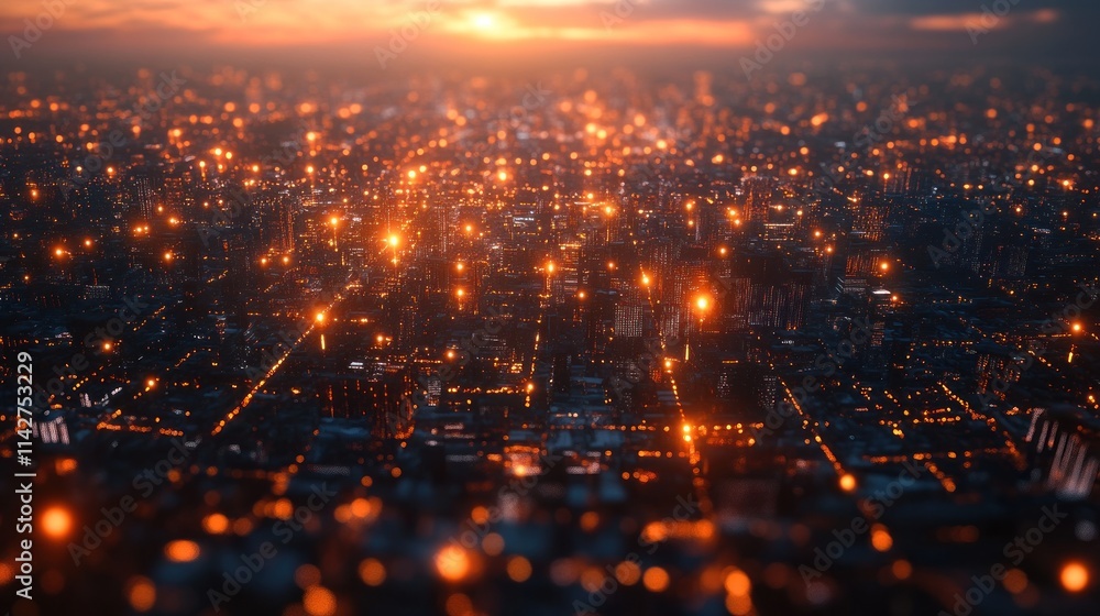 A captivating 3D cityscape at dusk, with lights representing global connectivity and interaction A captivating 3D cityscape at dusk, with lights representing global connectivity and interaction