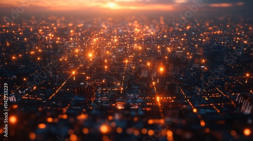 A captivating 3D cityscape at dusk, with lights representing global connectivity and interaction