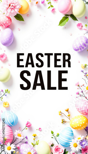 A cheerful Easter sale banner featuring pastel-colored eggs on a clean white background, with ample space for promotional text, creating a bright and inviting design for spring marketing. photo