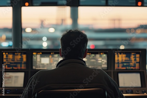 Air Traffic Controller Working at Dusk Airport Control photo