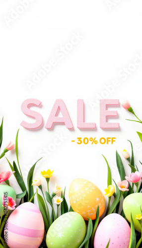 A cheerful Easter sale banner featuring pastel-colored eggs on a clean white background, with ample space for promotional text, creating a bright and inviting design for spring marketing. photo