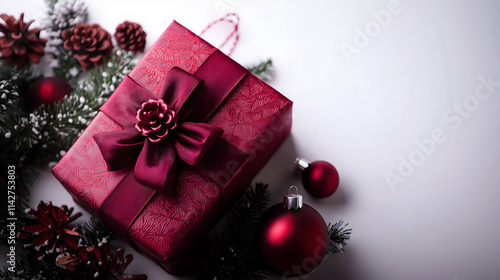 Maroon gift box adorned with a large, luxurious maroon bow, set against a background of Christmas decorations including pinecones and red baubles. photo