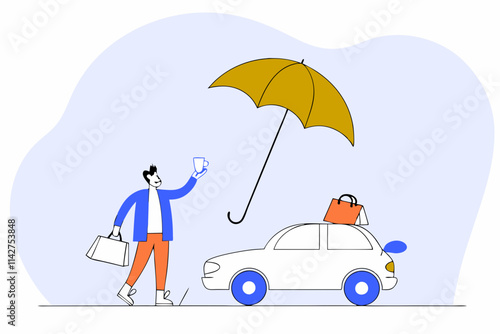 Man Shopping with Umbrella Protecting Car from Rain Illustration