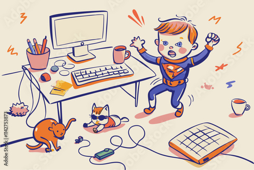 Cartoon Toddler Superhero in Home Office Chaos