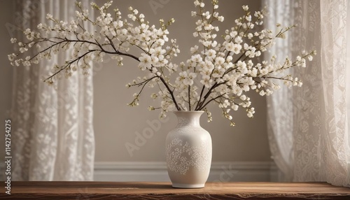 White cherry blossoms in vintage vase with lace curtain backdrop, vintage style, window dressing, bloom, lightness, curtain