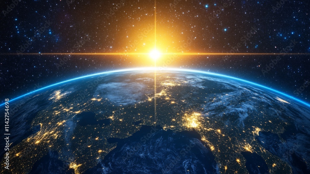 Obraz premium Bright Minimalist Earth and Sun with Layered Graphics