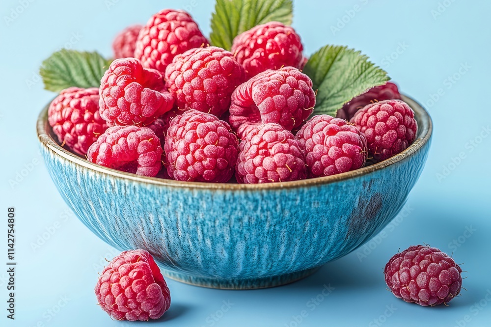 Fresh raspberries in a rustic blue bowl on a light blue background. Fresh raspberries in a rustic blue bowl on a light blue background.
