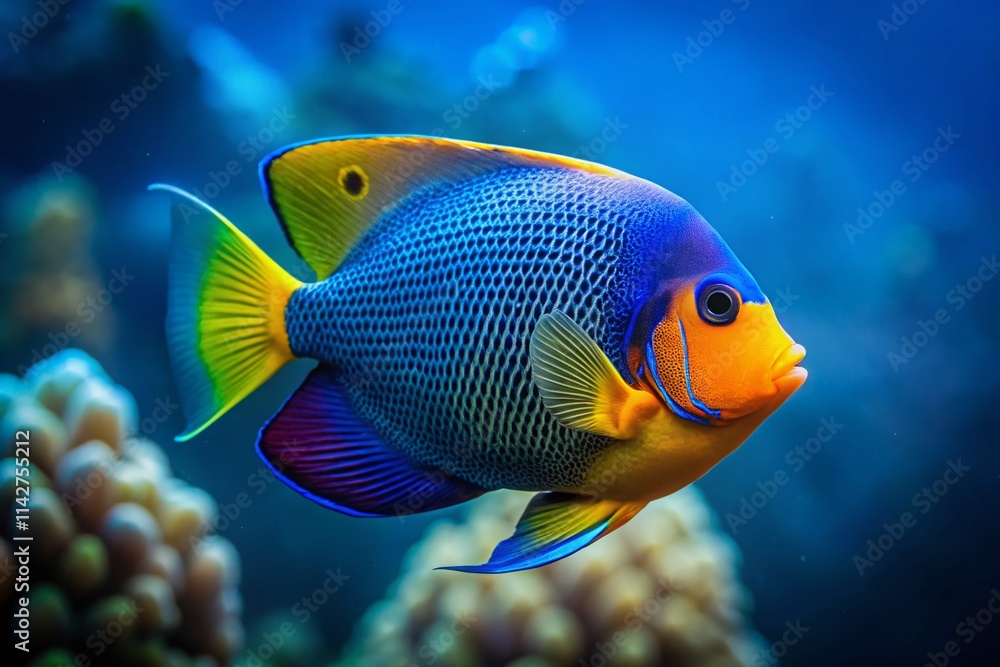 Naklejka premium Minimalist Blueface Angelfish Photography: Underwater Elegance, Ocean Beauty, Marine Life Portrait, Tropical Fish Image, Aquarium Scene