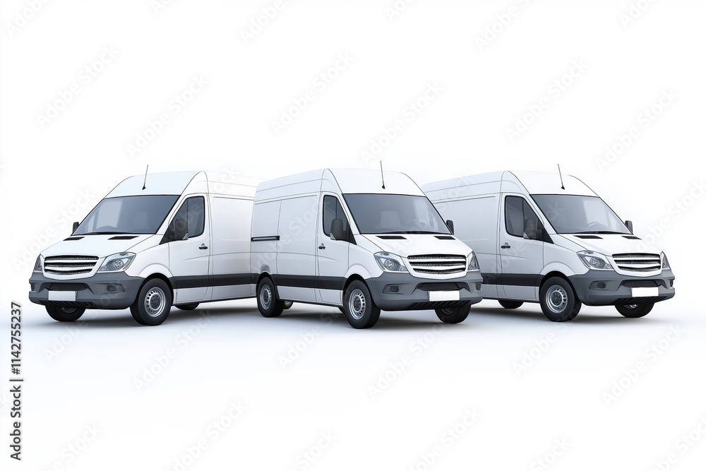 Naklejka premium Three white vans are lined up next to each other. The vans are parked on a white background