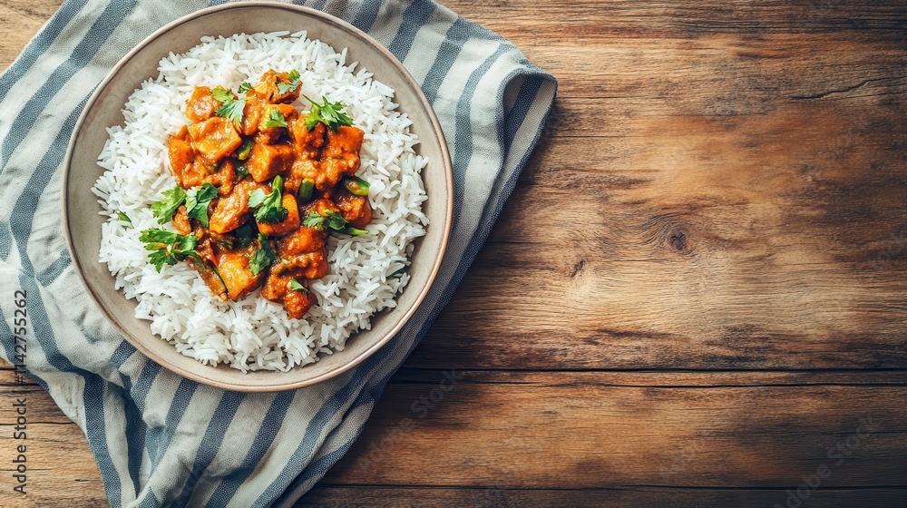 Delicious Curry Served with Basmati Rice on Rustic Surface Delicious Curry Served with Basmati Rice on Rustic Surface